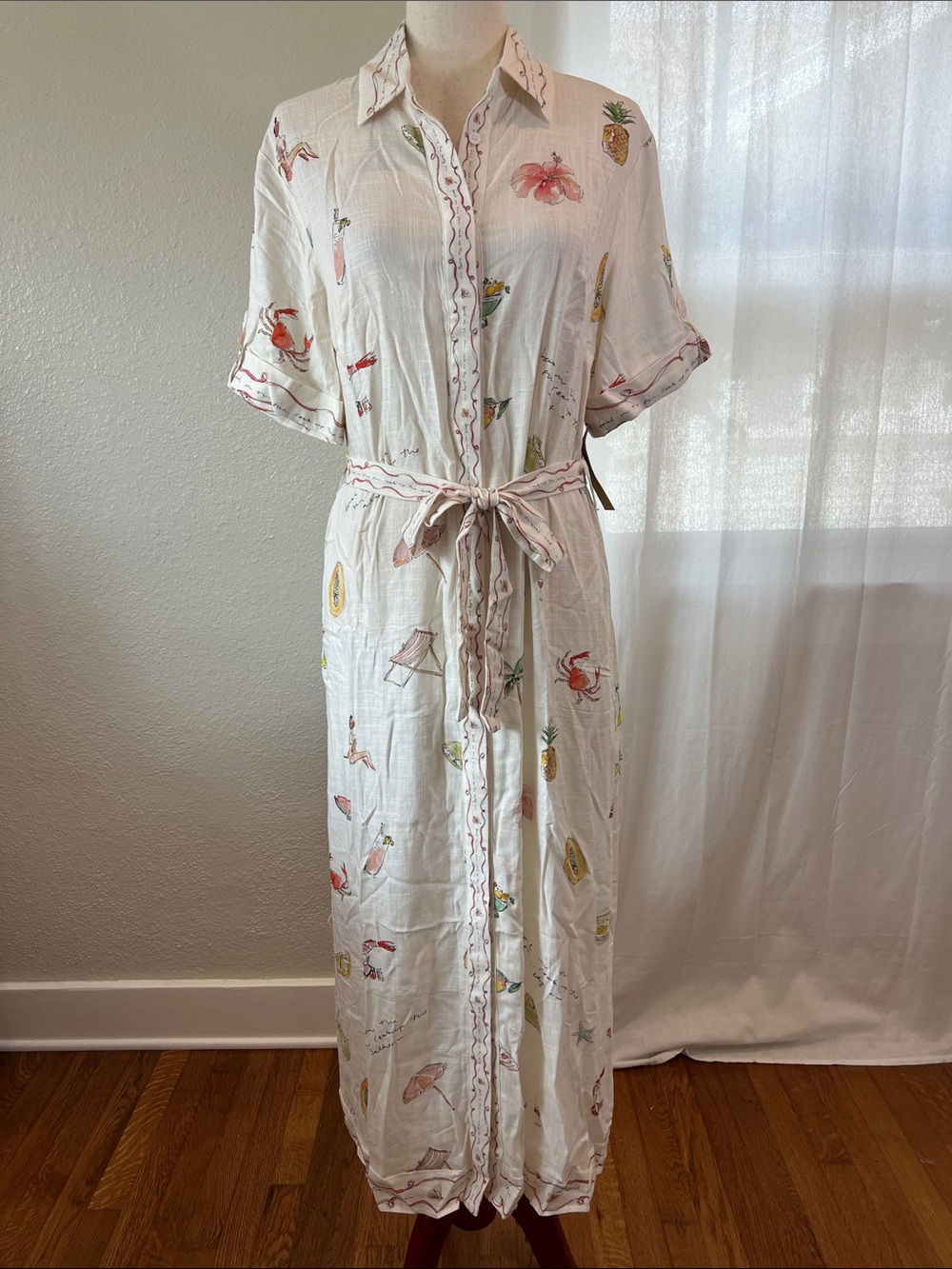 Anaya Arlo Dress. White Linen Tropical-Print Button-Front Maxi Size S. NWT